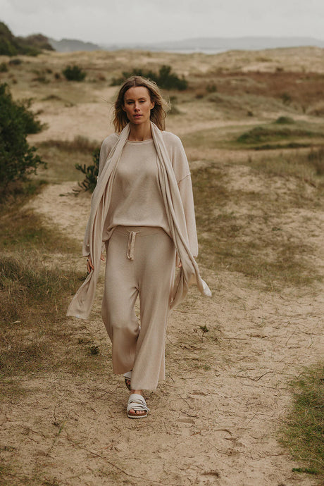 Winter Retreat merino wool cotton pullover Nougat- Talamaya