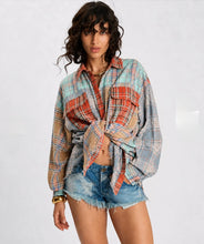 Load image into Gallery viewer, Sunset Madras Check Tie Back Shirt, Coral Teal
