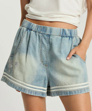 Load image into Gallery viewer, Funks High Waist Elasticated Embroided Flippy Denim Shorts, Folklore Chambray Blue