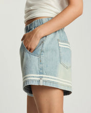 Load image into Gallery viewer, Funks High Waist Elasticated Embroided Flippy Denim Shorts, Folklore Chambray Blue