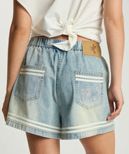 Load image into Gallery viewer, Funks High Waist Elasticated Embroided Flippy Denim Shorts, Folklore Chambray Blue