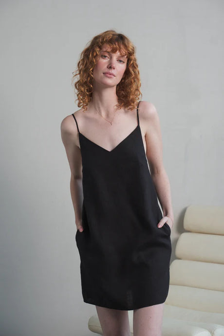 Liz Linen Slip dress Black - Lilly Pilly