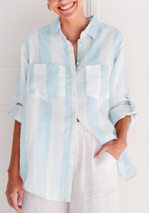 Soul & Sparrow - Boyfriend Linen Shirt, Blue/White