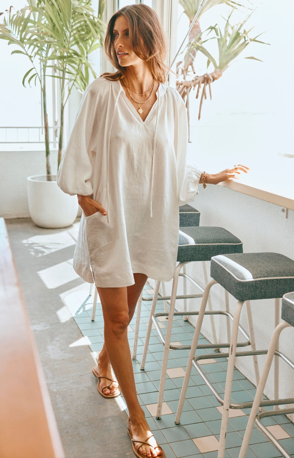 ridley linen dress Brandon Maxwell The Ridley Short-Sleeve Midi Dress