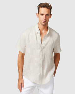 Vacay Swimwear - Short Sleeve Linen Shirt, Brown Stripe