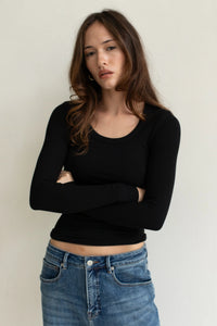 Scoop Neck L/S Rib Tee, Onyx