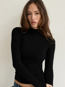 Mock Neck Long Sleeve Rib Tee, Onyx