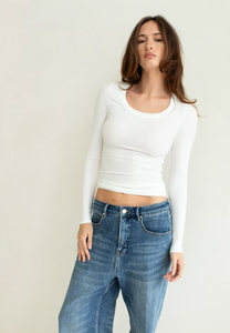 Scoop Neck L/S Rib Tee, Pearl White