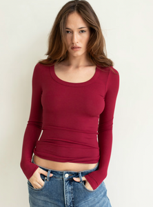 Scoop Neck L/S Rib Tee, Raisin