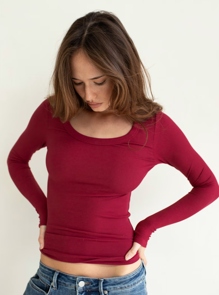 Scoop Neck L/S Rib Tee, Raisin