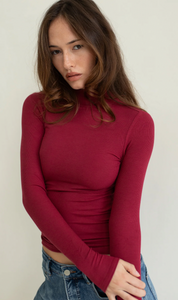 Mock Neck Long Sleeve Rib Tee, Raisin